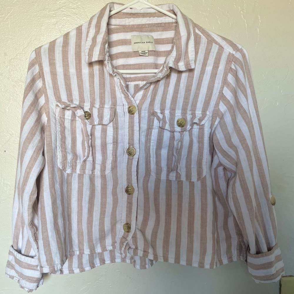 American Eagle Outfitters White and Light Brown Striped Button-Up Shirt Jacket
